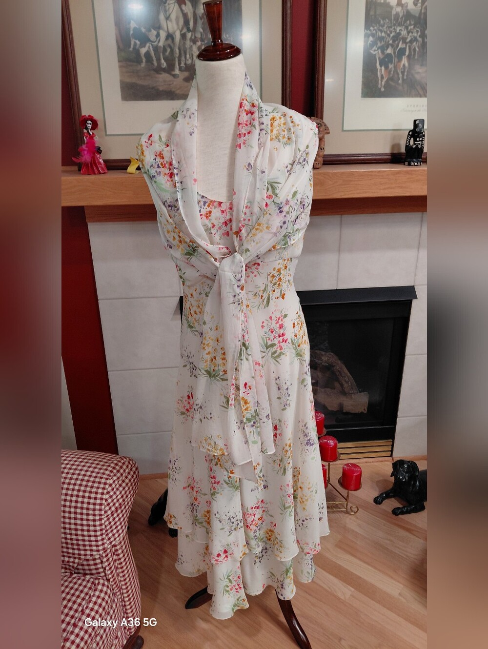 Kay Unger Floral White Sleeveless Maxi Dress with Scarf Wrap Sz 12 GUC!